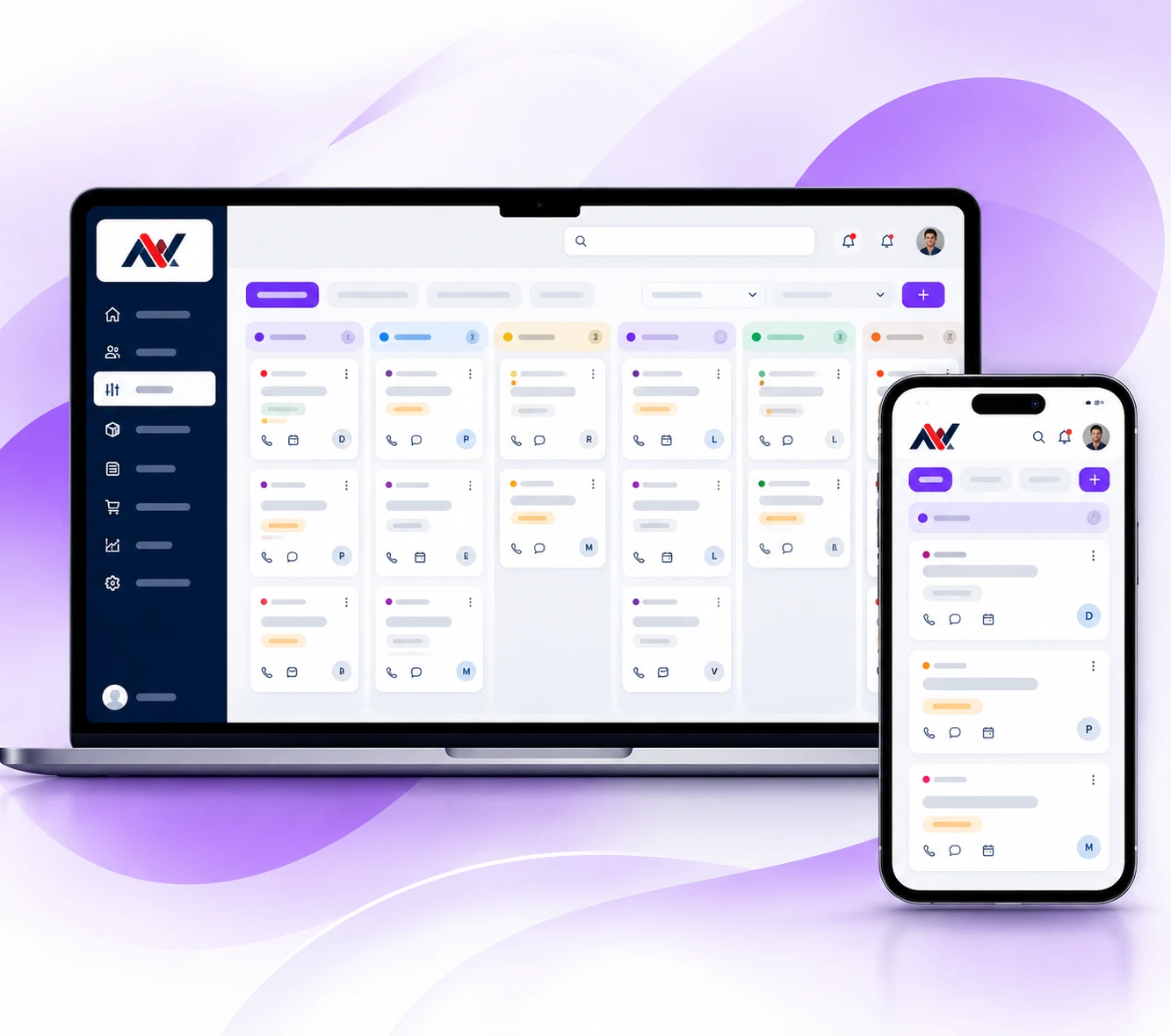 CRM & Business Automation project: sales pipeline board on laptop and phone