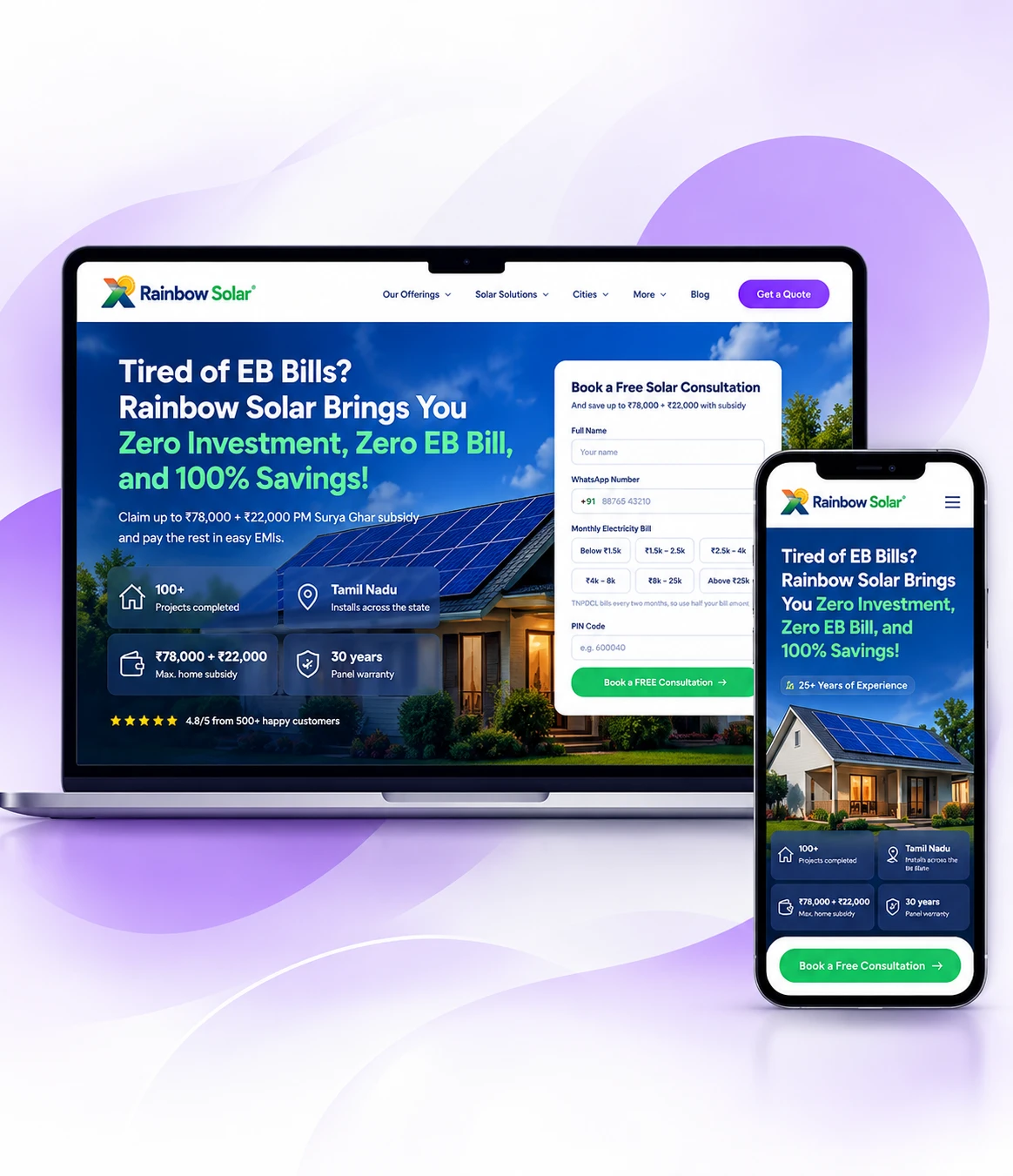 Website & SEO project: solar company website on laptop and phone